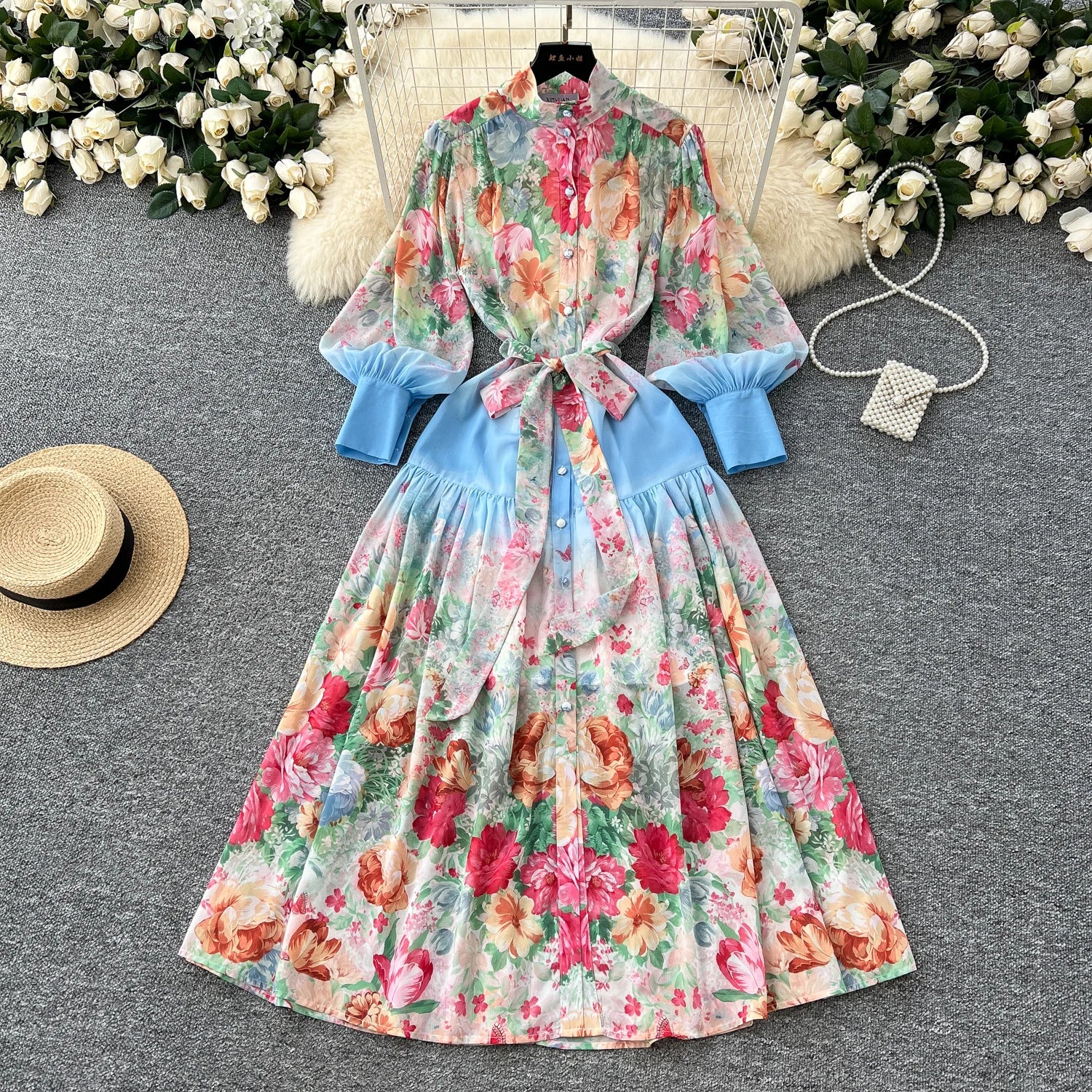 LW0932 2025 New Holiday Style Print Dress Women Stand Collar Lantern Sleeve Pleated Long Skirt Luxury Women'S Elegant Dress