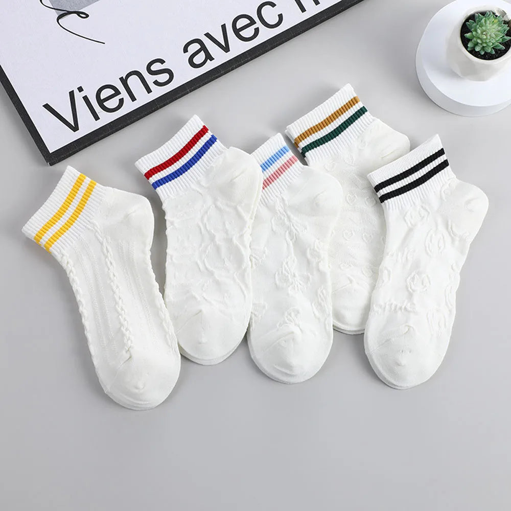 Wholesale White Striped Cotton Socks Teen Girl Breathable Low Cut Ankle Socks for Women