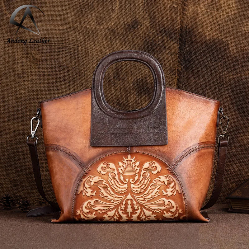 Andong Female Shoulder Bag Genuine Cow Leather Retro Large Capacity Embossing Pure Hand-rubbed Color Portable Handbag
