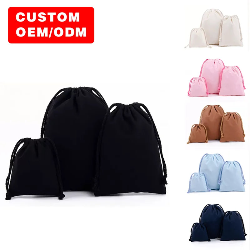 Custom Logo Printed Personalized White Shopping Jewelry Canvas Folding Style Organic Cotton Letter Pattern Drawstring Pouch Bags