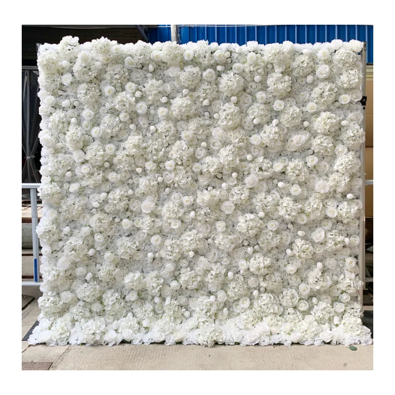 A-1503 Wedding Decoration Silk Artificial White Rose Wedding 3d Roll up Hydrangea Flower Wall Backdrop Panel White Flower Wall