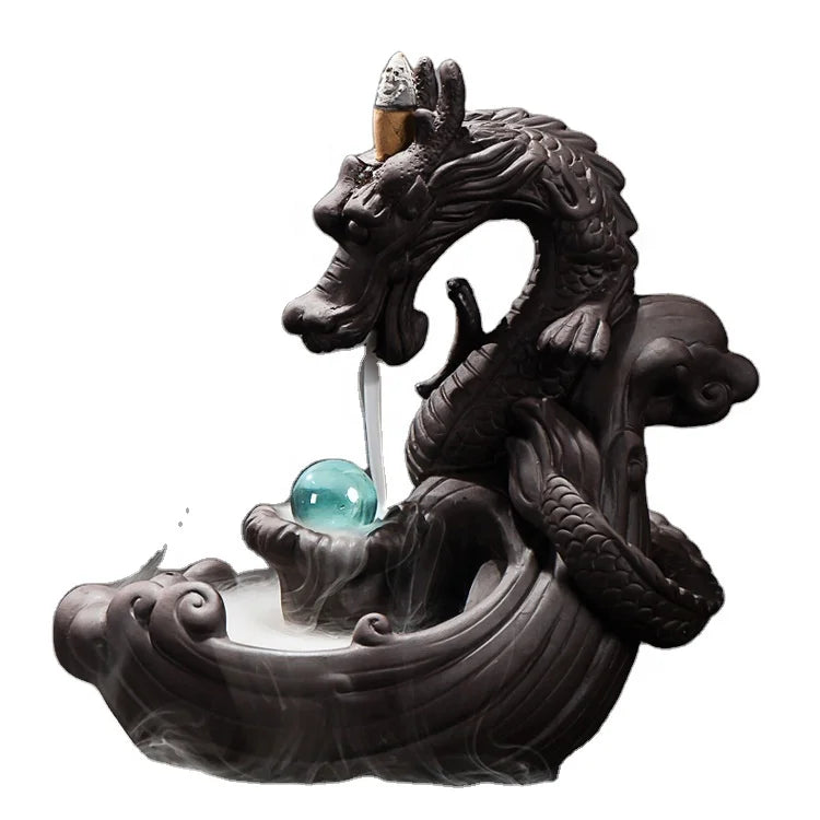 19*10*20cm Factory Sale China Ceramic Backflow Dragon Incense Burner Home Decor Censer with Crystal Ball Waterfall Incense Cone