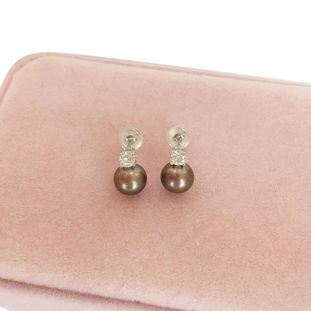 Nature Freshwater Round Pearl EarringNewest Design 925 Sterling Silver Pearl Zircon Stud Earrings for Wedding 7-8 mm Pearl