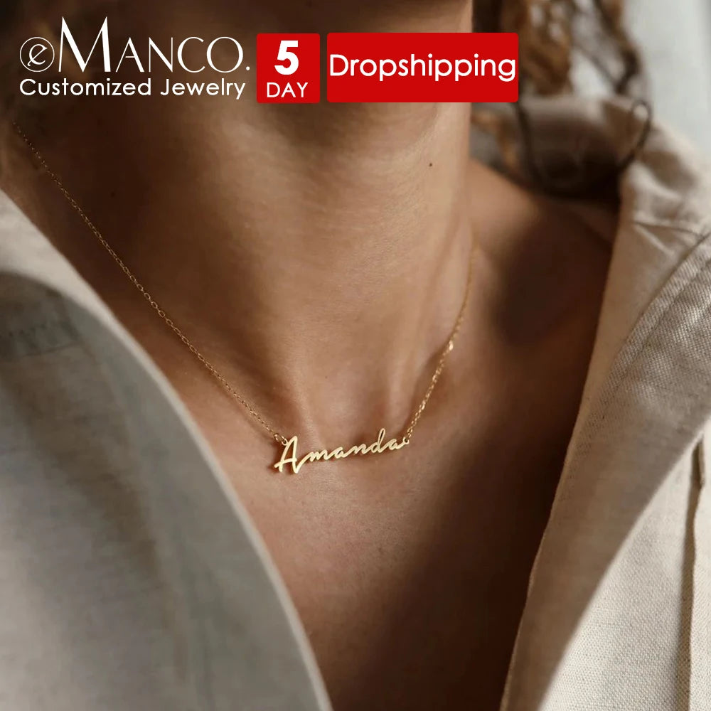 Emanco Dropshipping Trendy Stainless Steel Name Necklaces Women Custom Engraved Gold Name Plate Necklace Jewelry Personalised