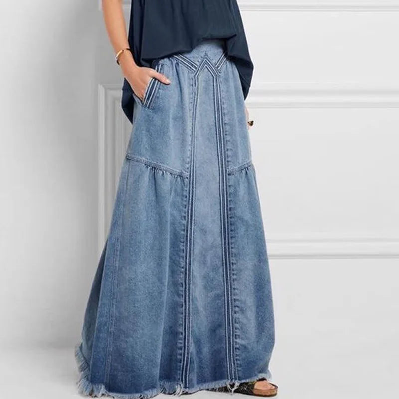 AeeDenim Wholesale Casual Large Size Elastic Waist Pocket Denim Skirt Women Winter Summer Floor-Length