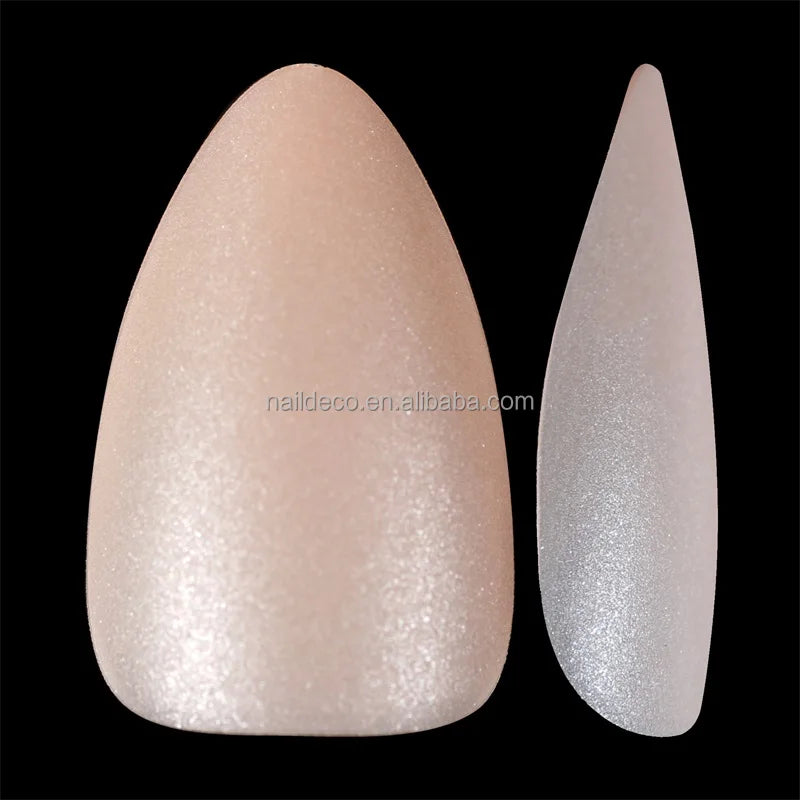 NADECO Matte Nude Skin Color Soft Gel Tips Short Almond with Shinny Powder False Nail Tips Press on 15 Sizes