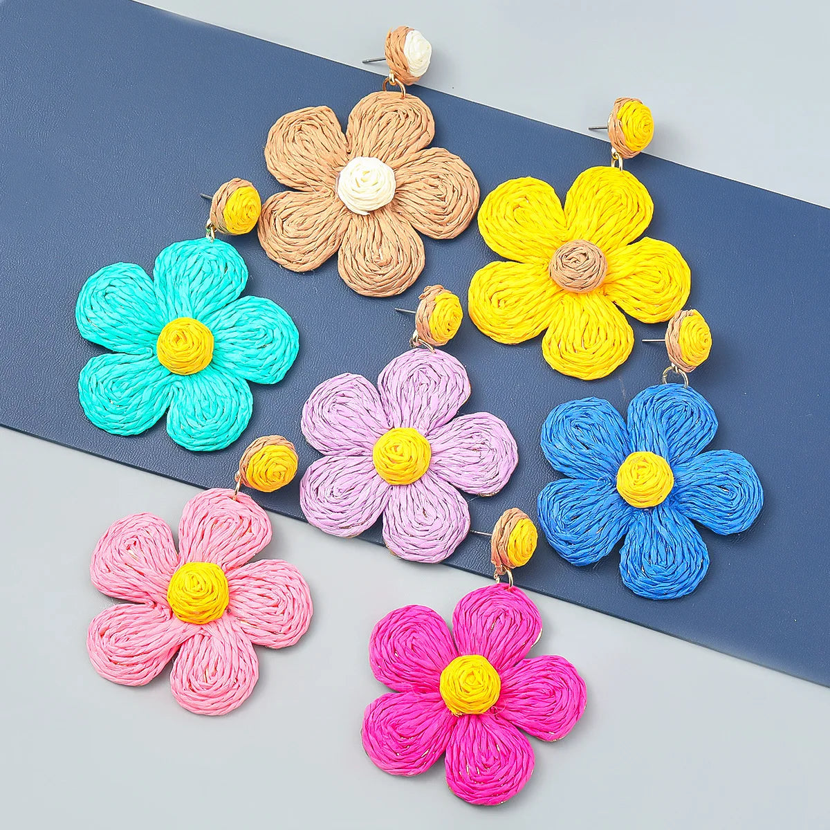 Boho Summer Colorful Handmade Braided Rattan Flower Earrings Creative Woven Raffia Flower Drop Earrings for Women Girl