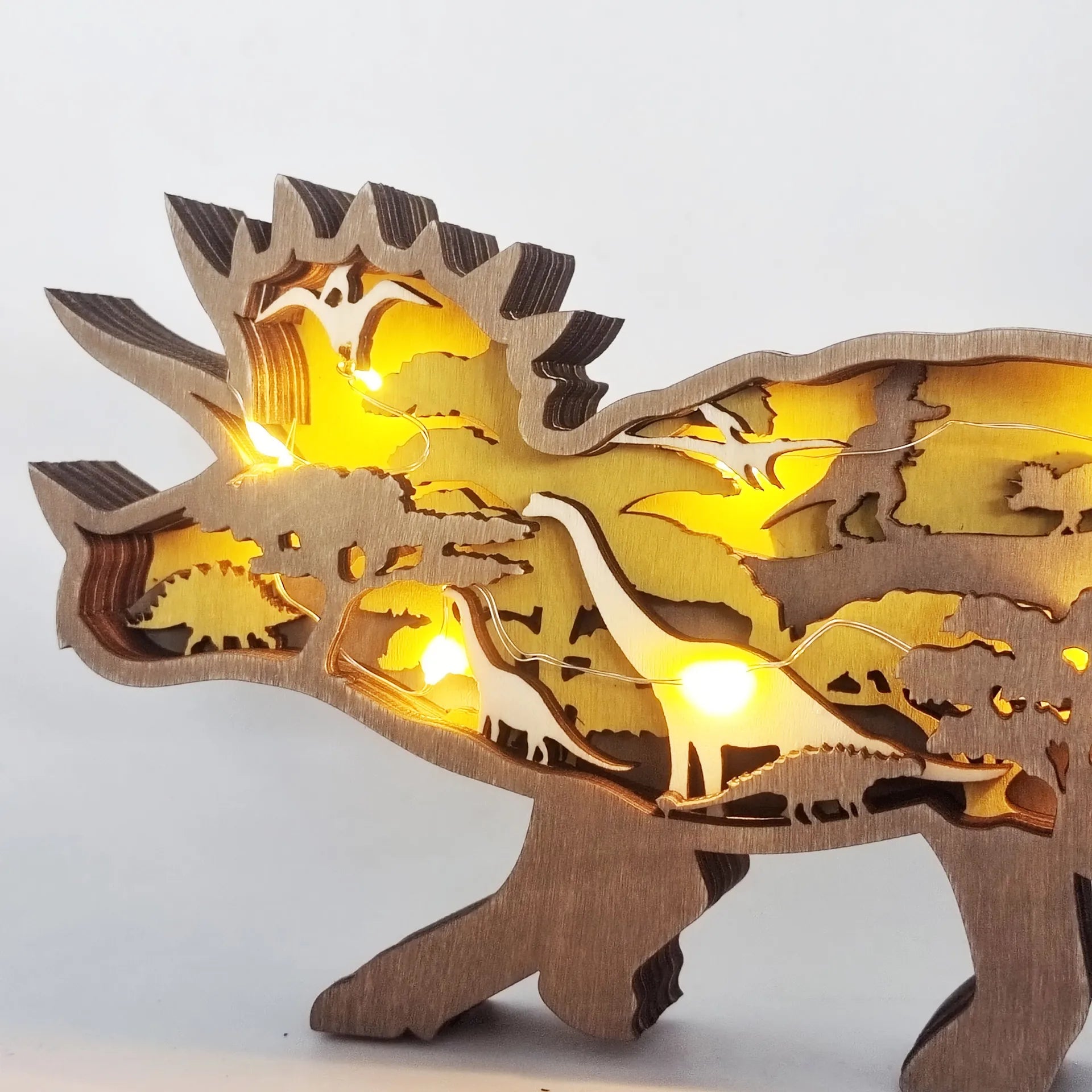 Cross Border New Product Wooden Carving Dinosaur Crafts Creative Home Decoration Wooden Multi Layer Hollow Dinosaur Ornaments