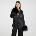 New Coming Black Silk Pajamas With Ostrich Feather Cuffs Luxury Sleepwear
