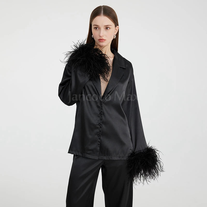New Coming Black Silk Pajamas With Ostrich Feather Cuffs Luxury Sleepwear
