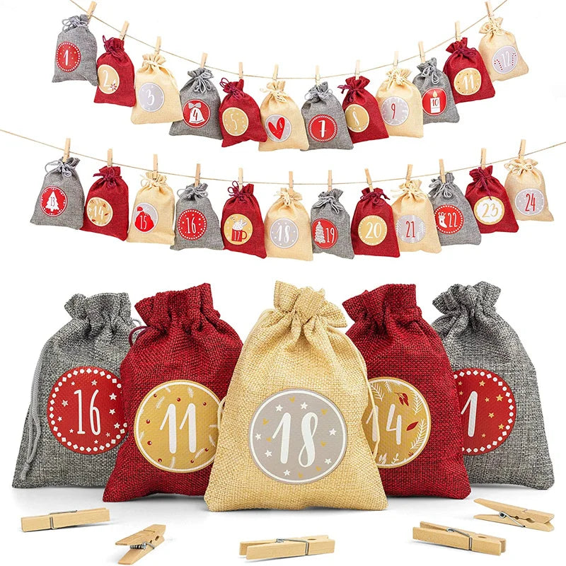 Christmas Advent Calendar Drawstring Pouches Jute Gift Bags 24 Days Burlap Hanging Countdown Candy Gift Bags