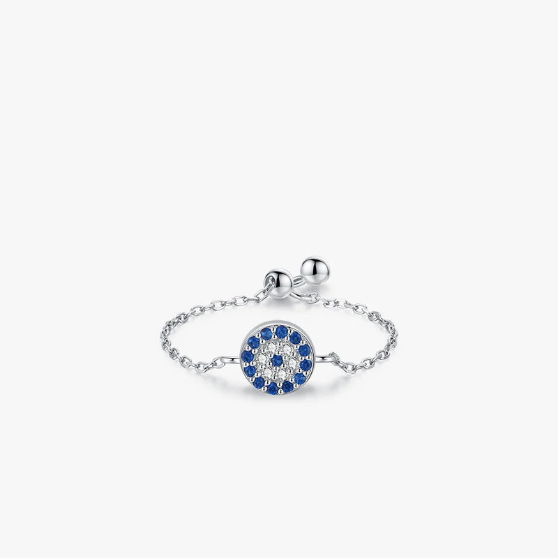 Bling Bling Cubic Zircon Evil Eyes Ring Adjustable Chain S925 Silver Cz Blue Eye Ring for Women Girls