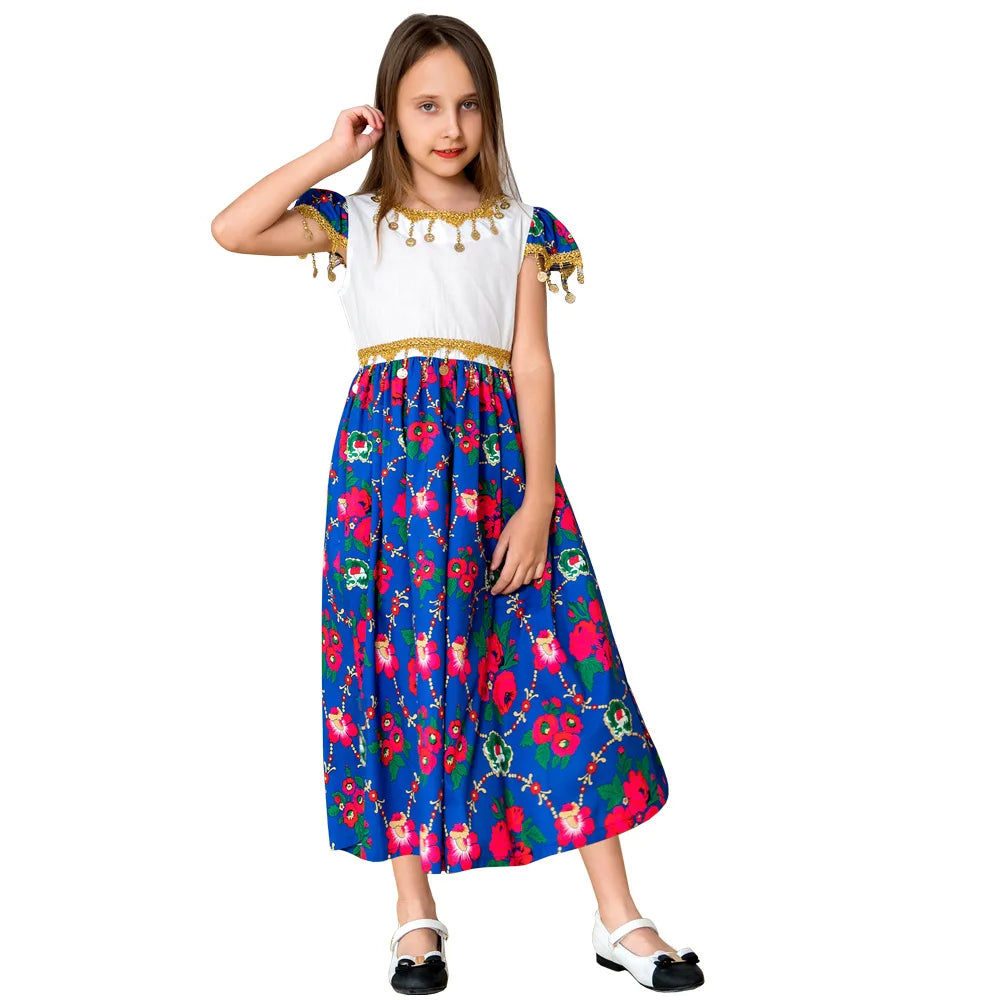 Summer 2022 Girls Printed Flowers White with Blue Princess Style Short Sleeve Kids Abaya Lanna Brand Children's Arabian Dress