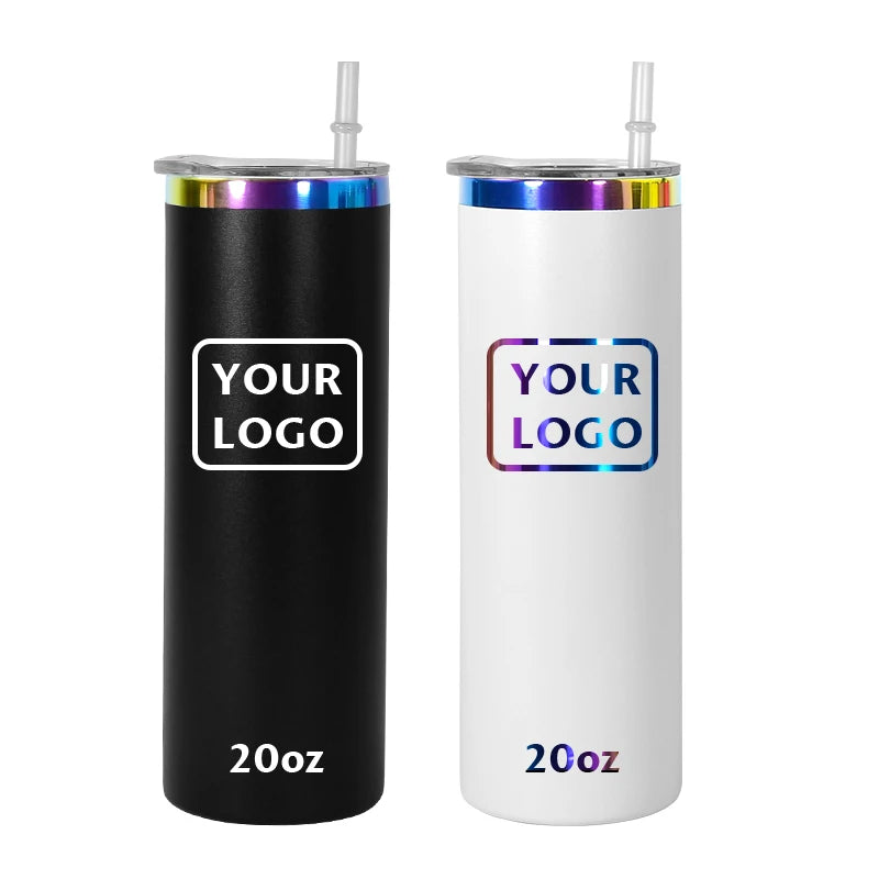 Customized Logo Holographic Beneath rainbow Plated Powder Coated 20oz Straight Skinny Tumblers with Lid and Straw