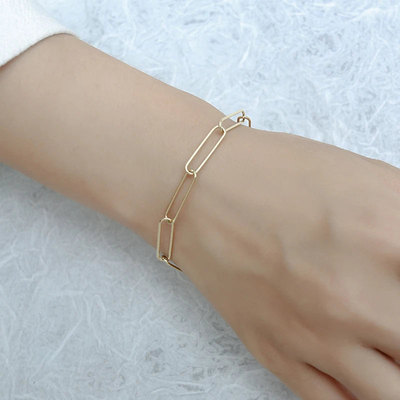 2022 New Arrivals Gold Plated Real Gold Plated Link Chain Geometric Oval Paper Clip Bracelet With Lobster Clasp