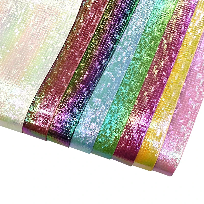 Iridescent Laser Block Pattern Printed Reflective Synthetic Vinyl Fabric for Makeup Bags Upholstery Holographic PU Faux Leather