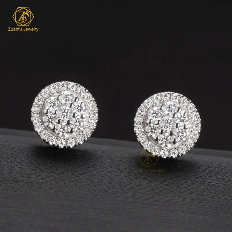 Iced Out Moissanite Jewelry Custom Bling Mens Women Screw Back Round Halo Earring Hip Hop White Moissanite Stud Earrings