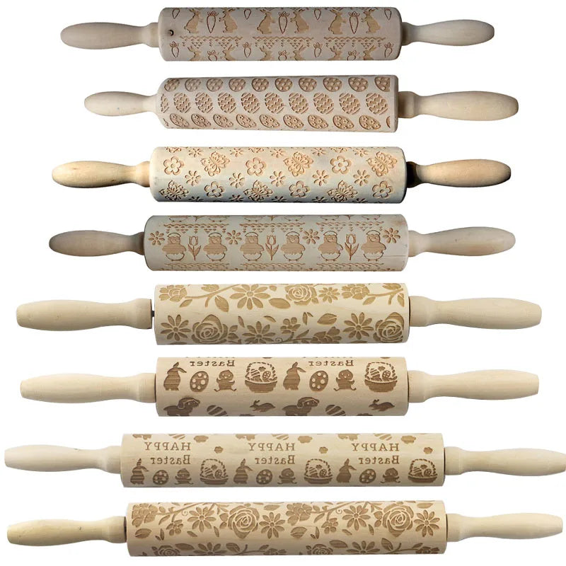 Easter Embossing Wooden Rolling Pin Baking 35*4cm Kitchen Accessories Cookies Biscuit Cake Dough Engraved Roller Pastry Boards