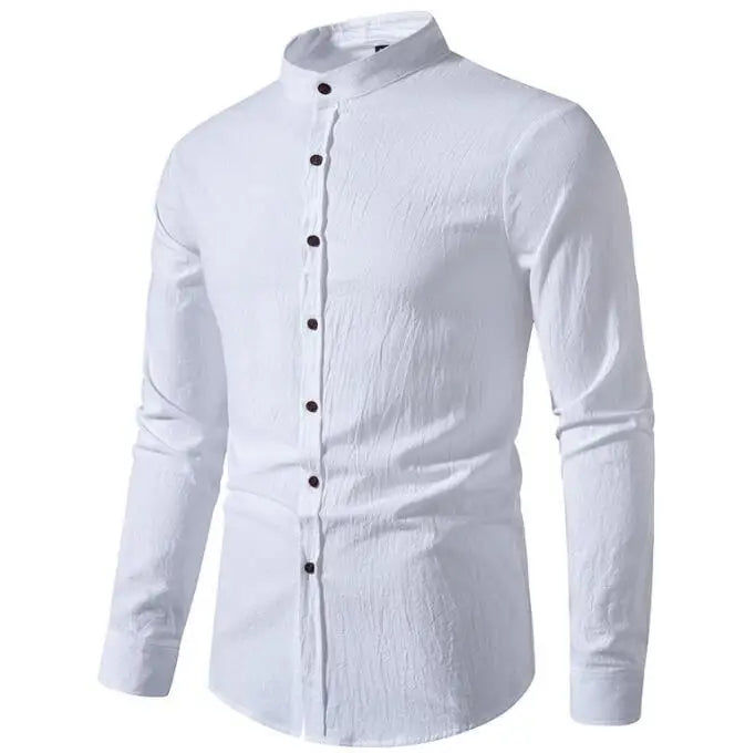 Men's Autumn Long Beach Henry Shirt Plain Dyed Crocheted Eco-Friendly Vintage Cotton Linen Breathable Quick-drying Stand Collar