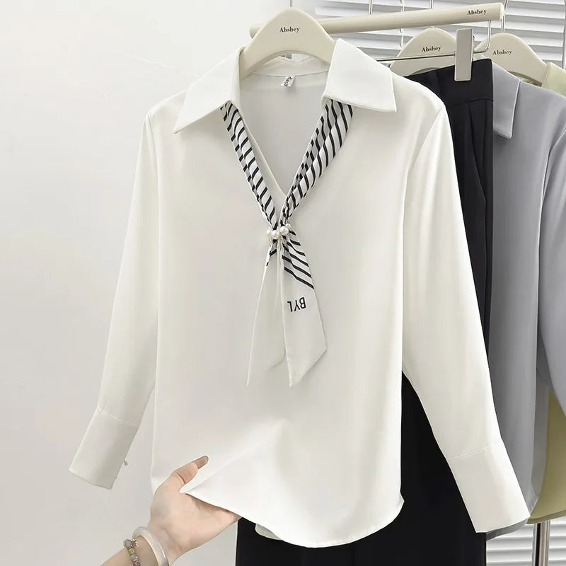 8002# Blouse Women Office Lady Top Women's Long Sleeve Satin Shirt with Ribbon Knitted Fab New Style