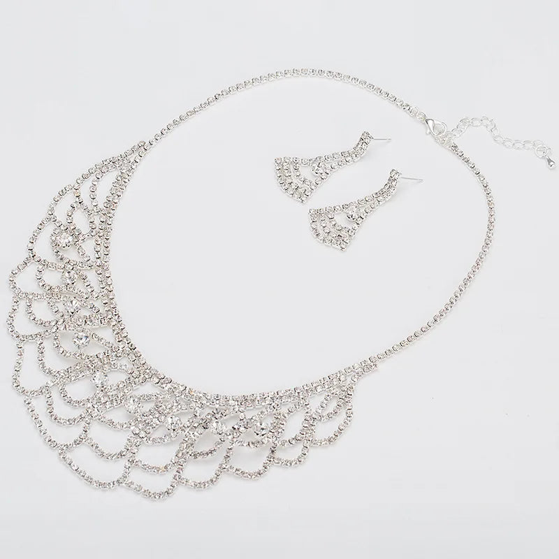 Luxury Vintage Wedding Jewelry Sets Crystal Rhinestone Exaggerate Statement Necklace Earrings for Bridal Engagement Anniversary