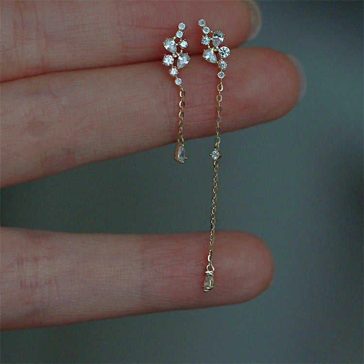 Korean Style Vintage Sterling Silver Gold Color Long Stud Women Earrings