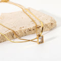 Wholesale Stainless Steel 18k Gold Snake Chain Dainty Square Diamond Crystal Pendant Double Layered Necklace