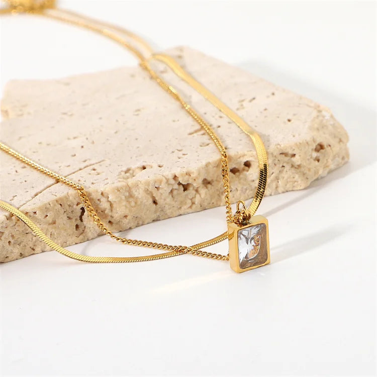 Wholesale Stainless Steel 18k Gold Snake Chain Dainty Square Diamond Crystal Pendant Double Layered Necklace