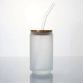 Reusable Frosted Beer Can Shaped Glass Tasting Cups Sublimation Coffee Cup with Bamboo Lid and Glass Straw for Beverages