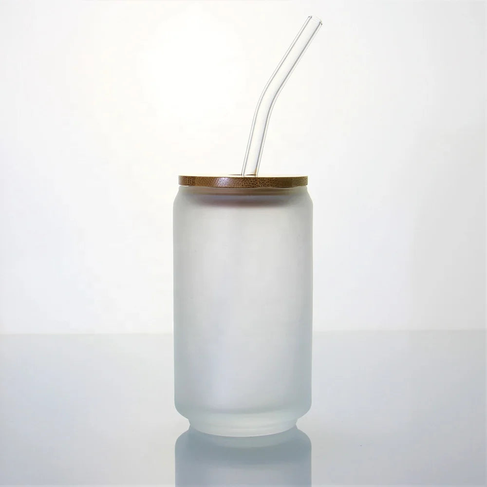Reusable Frosted Beer Can Shaped Glass Tasting Cups Sublimation Coffee Cup with Bamboo Lid and Glass Straw for Beverages