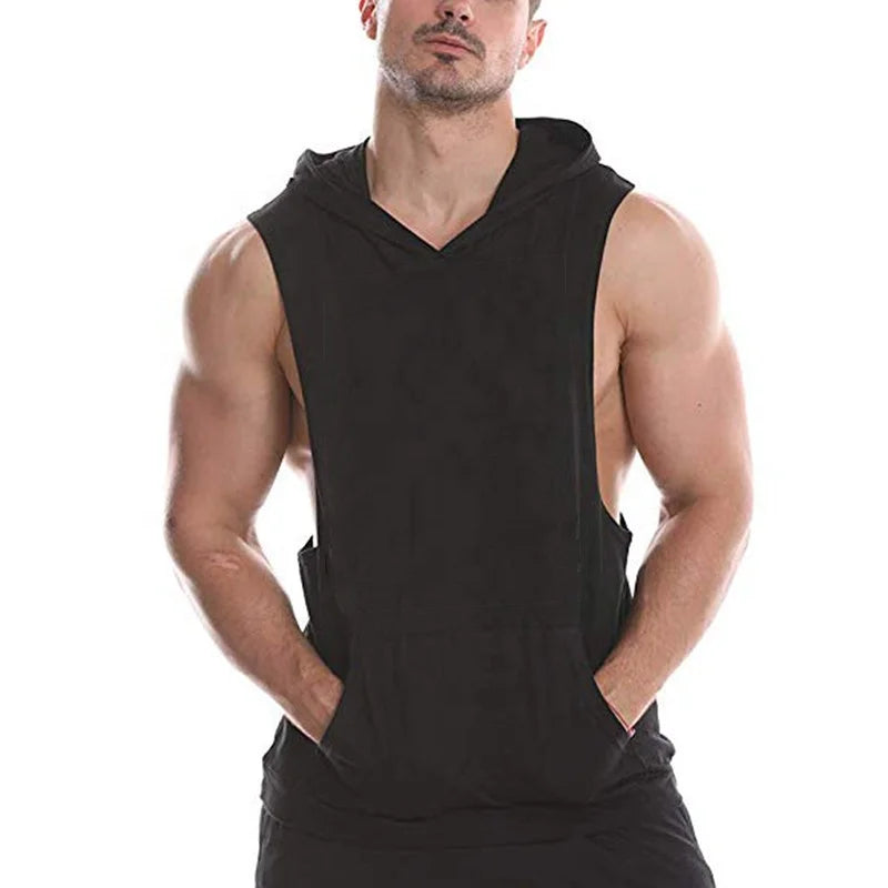 GYM Shirts US Size Custom Logo 100% Cotton Sleeveless Workout Clothing Men Muscle Hoodie Fitness T Shirts With Pocket