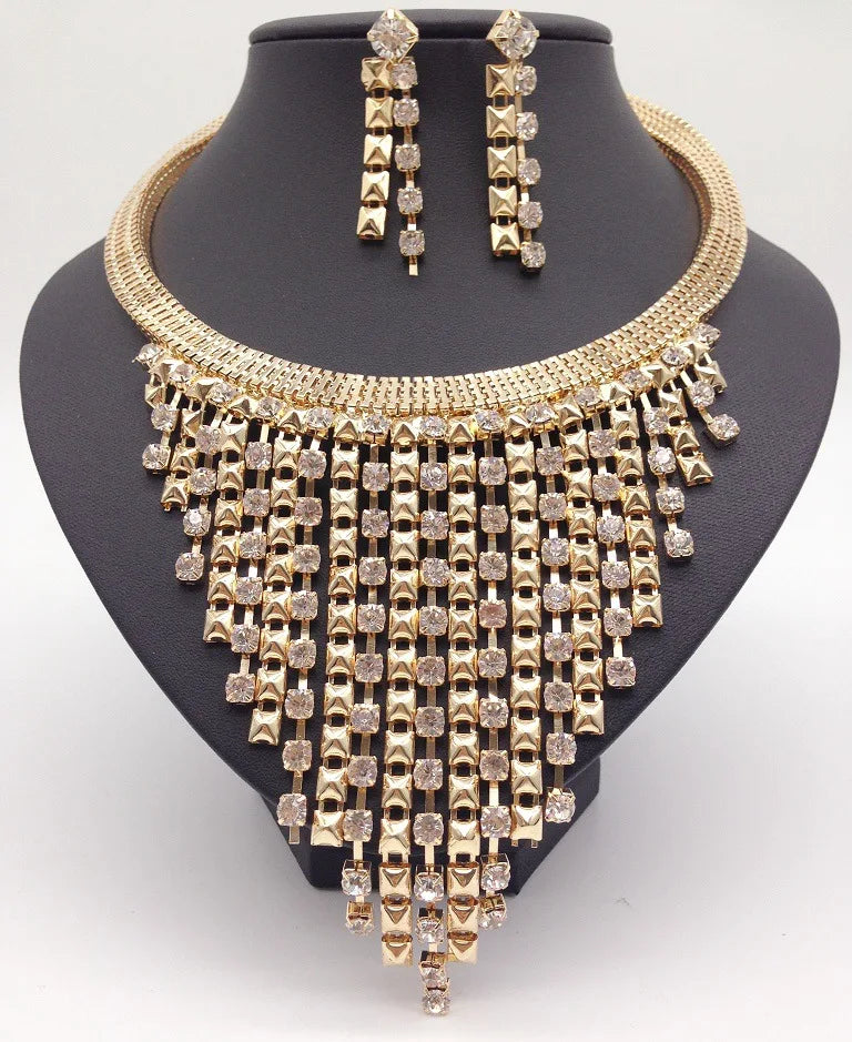 Exaggerated Multi Layer Tassel Clavicle Chain Jewelry Sets Luxury Diamond Bib Necklace with Long Pendant Earrings Sets