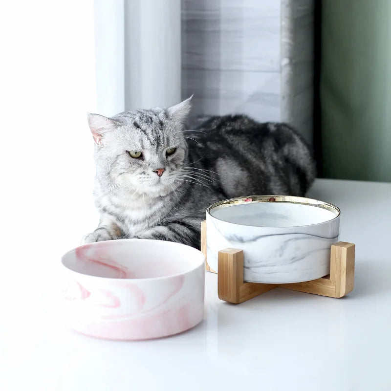 Good Quality Easy Clean Marble Elevated Cat Pet Feeding Bowl Double Ceramic Pet Bowls