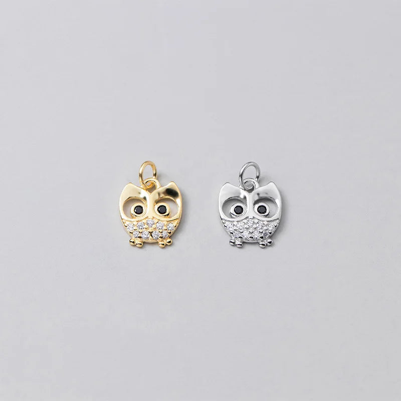 8.5mm Tiny Sterling Silver White CZ Zirconia Crystals Handmade Owl Charms for Jewelry Making Supplies