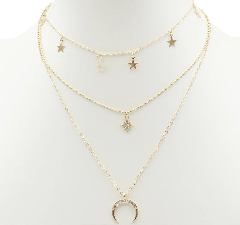 Fashion 18k Gold Plated Multi Layered Luxury Bling  Rhinestones Triple Layered Gold Chain Women