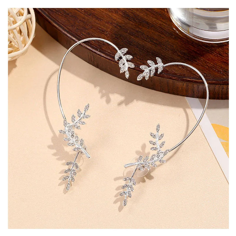 New Leaves Crystal Rhinestone Shiny Fairy Elves Metal Ear Hook Clip Earrings for Women Party Accessories Jewelry