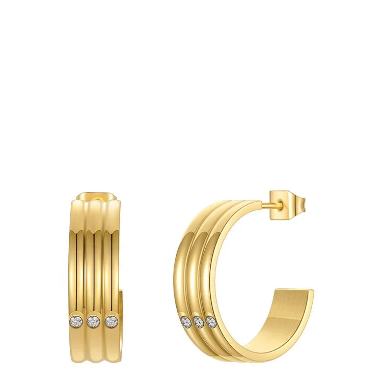 18K Gold Plated Stainless Steel Jewelry Spiral Curve Simple Metal Zircon Earrings E211258