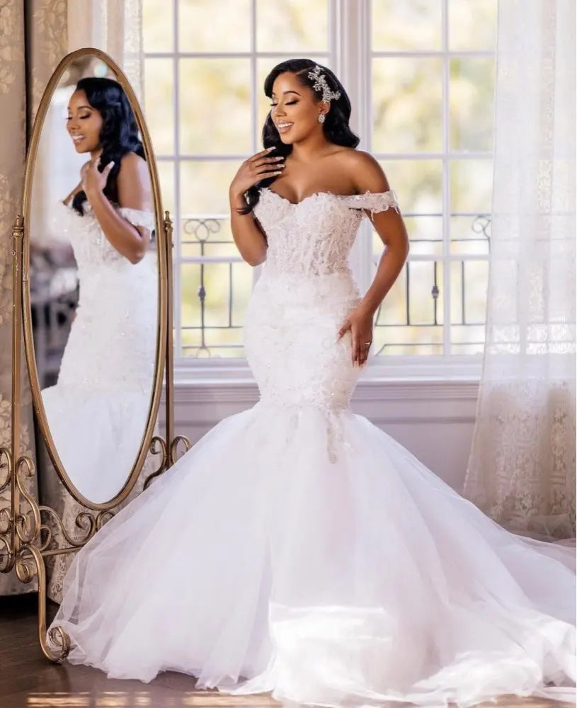 Cheap Elegant Mermaid Wedding Dresses for Bride 2026 Off Shoulder Sweep Train Pearls Beading Summer Bridal Gowns MW393