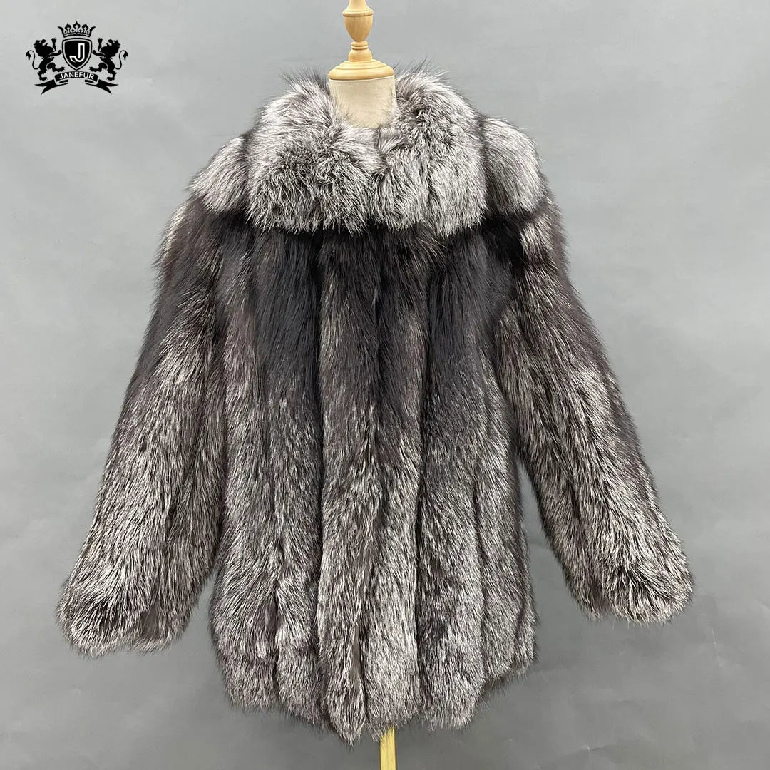 Janefur Women Winter Real Silver Fox Fur Coat Thick Warm Luxury Men Fur Coats