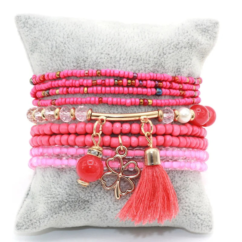 Women's New Fashion Retro Bohemian Style Multi-layer Natural Crystal Four-leaf Clover Tassel Pendant Set Bracelet Holiday Gift