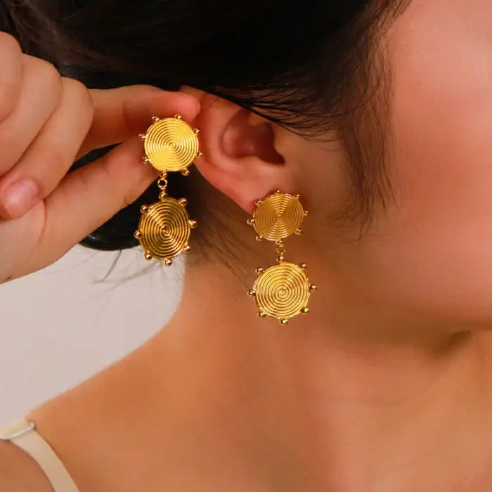 New Vintage Style 18K Gold Plated Stainless Steel Spiral Drop Earrings Waterproof Statement Jewelry Fashionable Studs MegaBDM