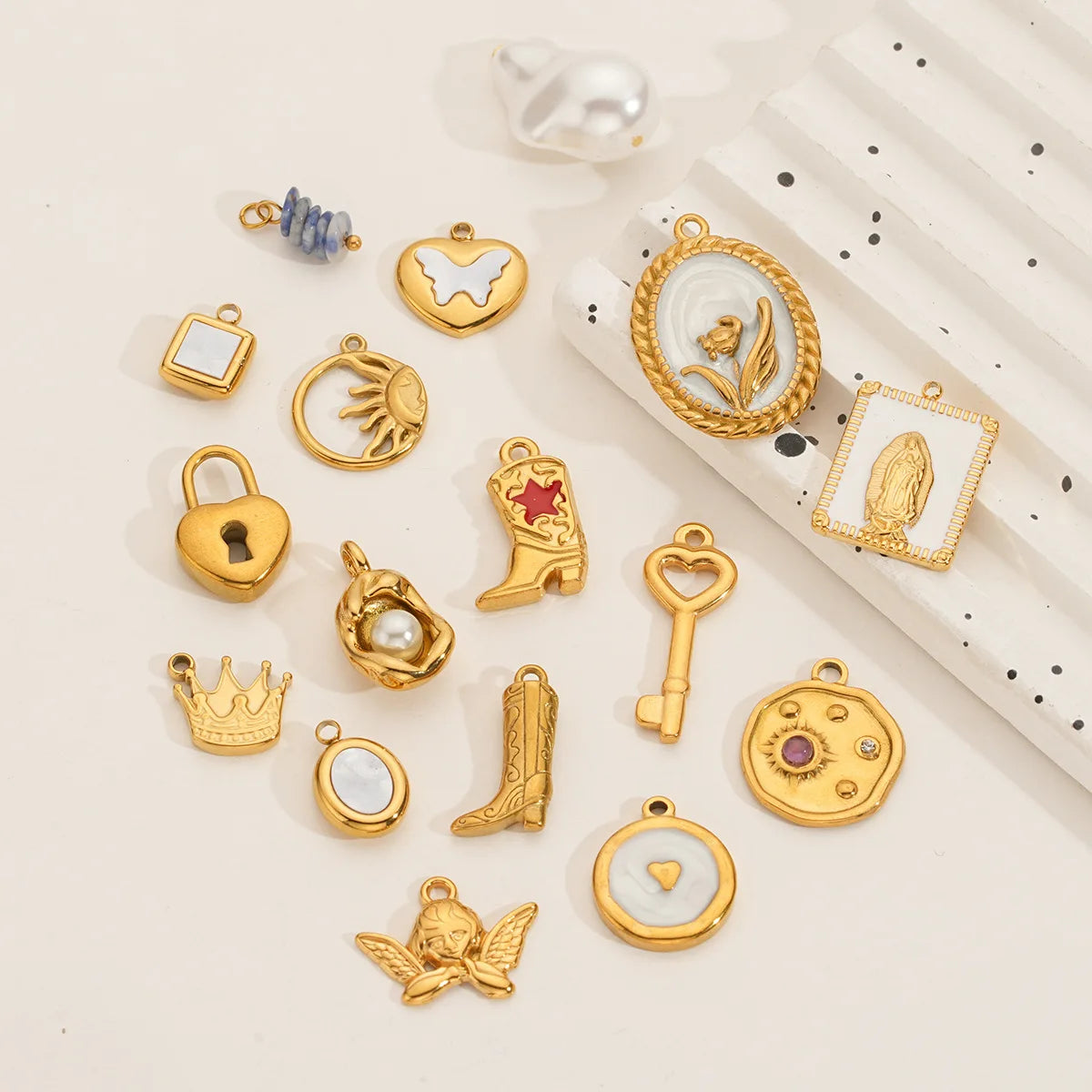 Stainless Steel Pearl Pendant Oil Drop Key Lock Personality Fashion DIY Necklace Earrings Jewelry Accessories