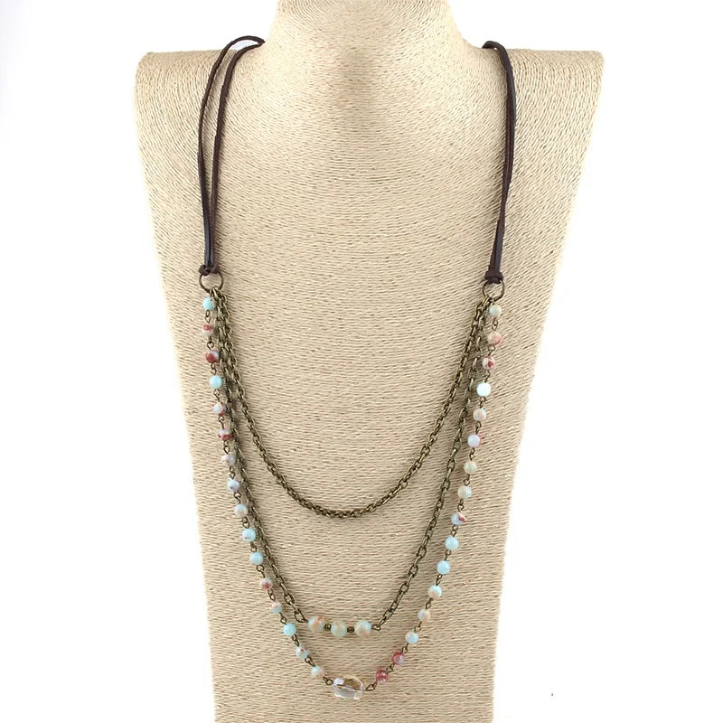 Hot Women Bohemian Personalized Jewelry 3 Layer 6 8mm Gemstone Imperial Jasper Bronze Rosary Chain Leather Necklace Wholesale