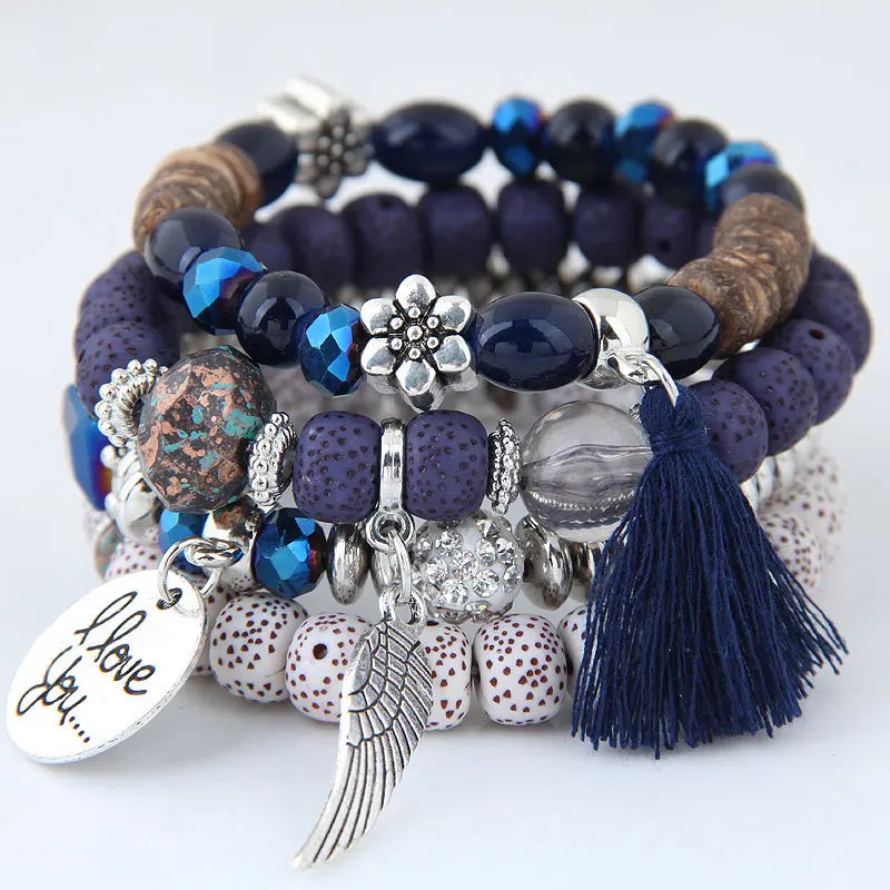 Bohemian Stretch Crystal Beaded Bracelets Women Boho Wing Tassel Set Bead Strand Hamsa Bangle Multilayer Charm Silver Gift