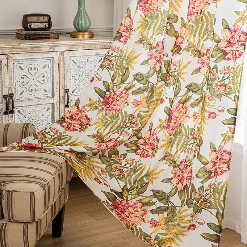 Amity American Style Light Luxury Countryside Flower Leaves Printed Eyelet Curtain Panel Living Room Curtain for Home