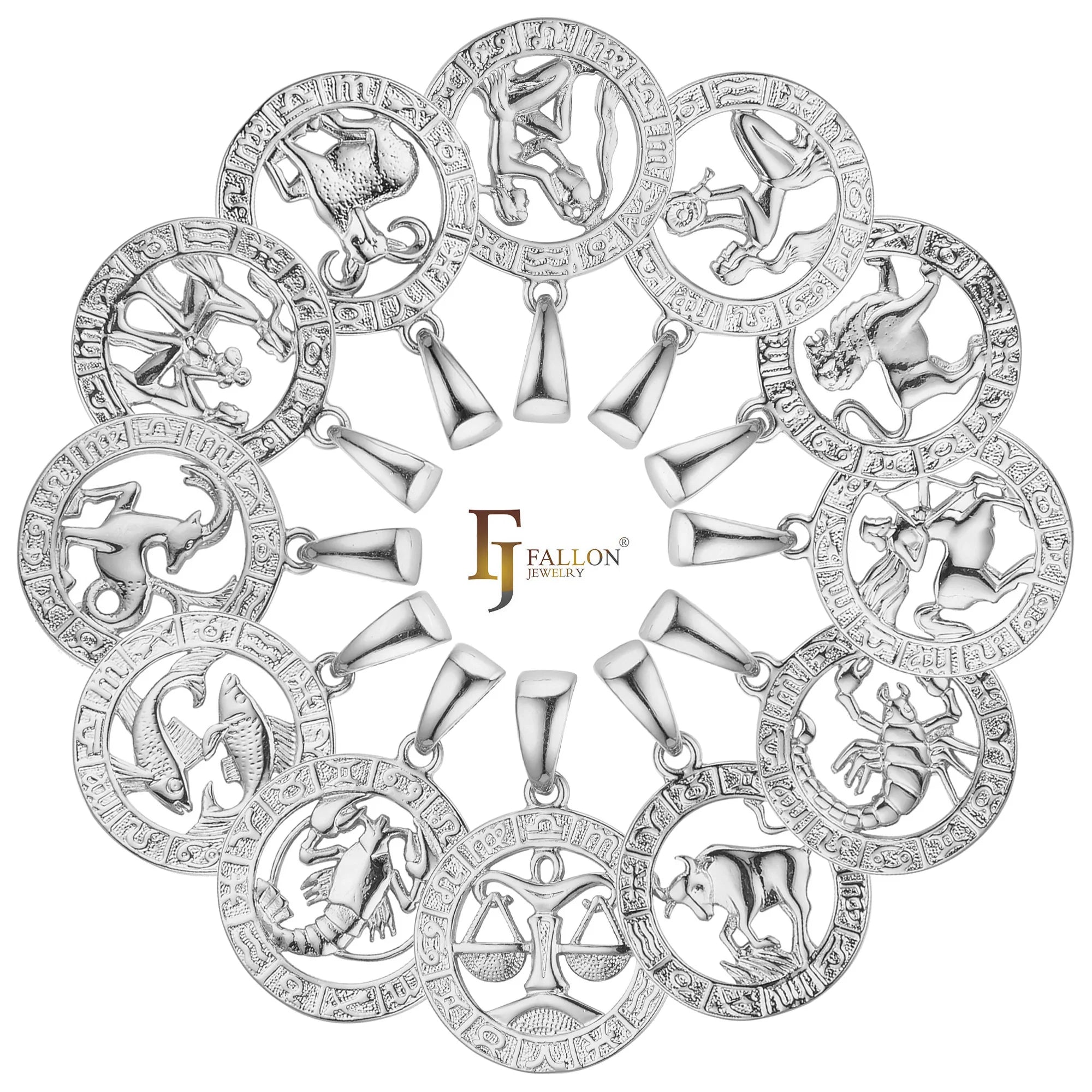 FJ Fallon Fashion Jewelry Pendant Zodiac Circle of Zodiac Plated in White Gold Brass Based