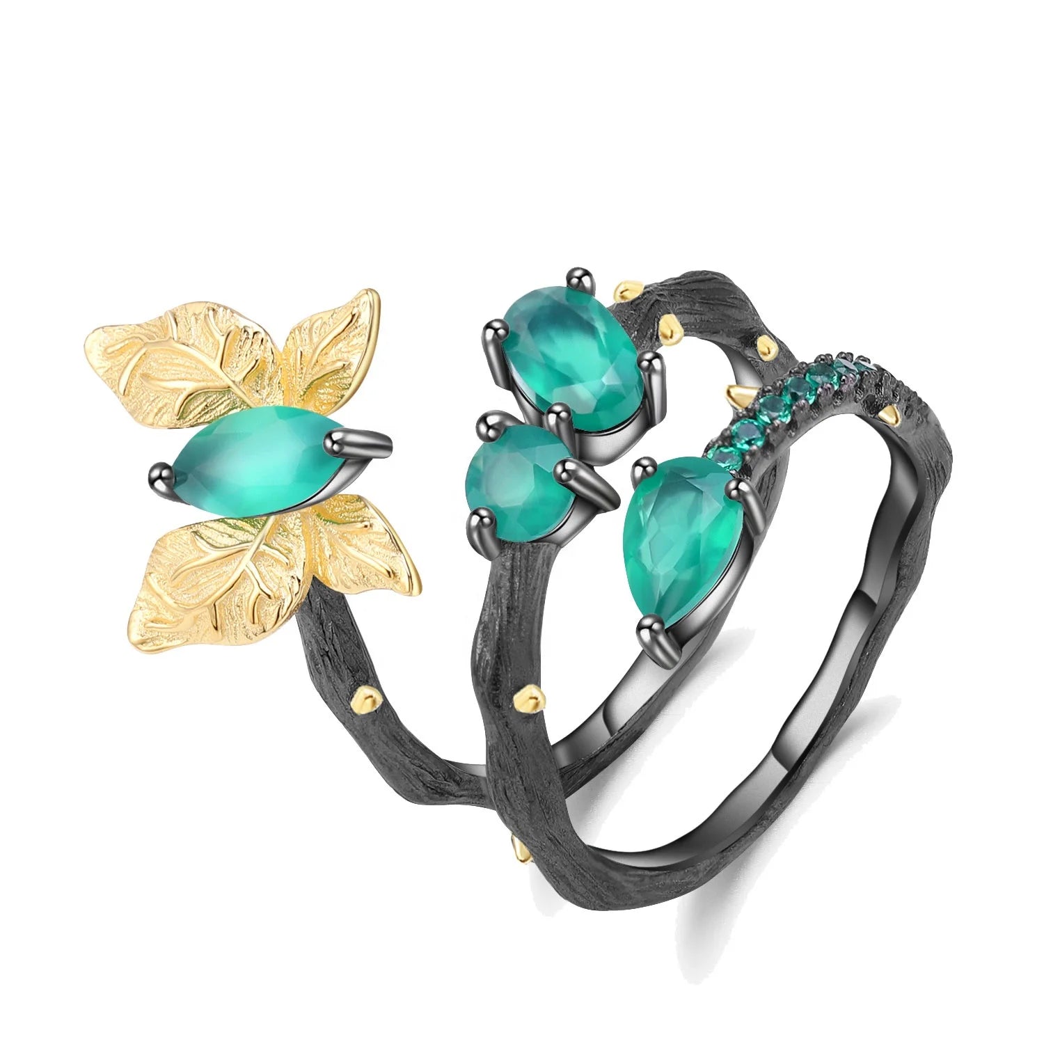 Abiding Best Green Agate Fashion Ring  New Design Gold Plated Butterfly Rings 925 Silver Rings Jewelry