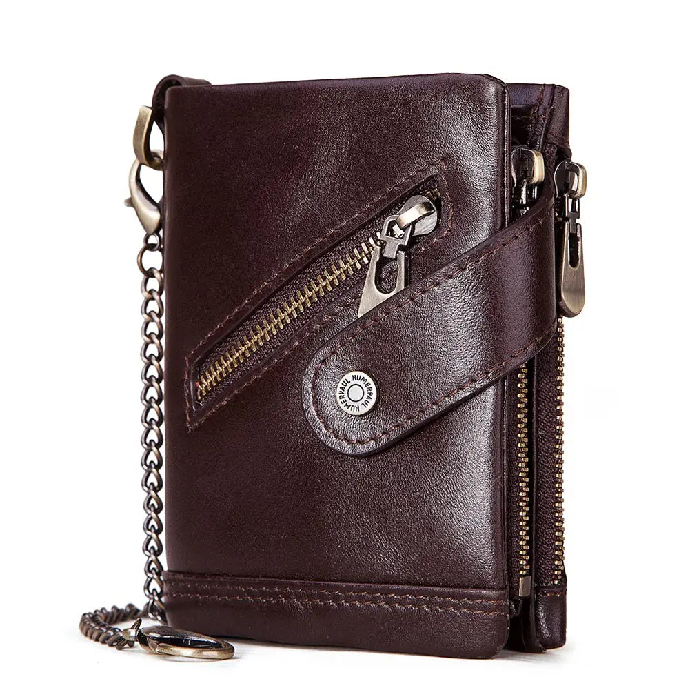 Boshiho Vintage Bifold Crazy Horse Cowhide Leather Chain Luxury Purse 100% Real Leather Wallets RFID Gents Mens Slim Wallet