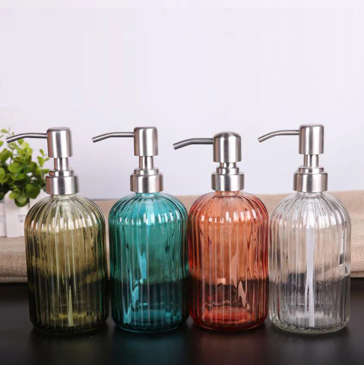 Wholesale clear Brown Green Blue  Recycled Glass Liquid Foam Hand Soap Dispenser Bottle with Stainless Steel Pump Caps
