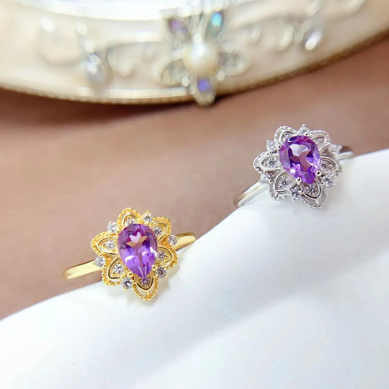 Fashion 925 Sterling Silver 18k Gold Plated Engagement Natural Amethyst Wedding Couple Women's Chunky Rings